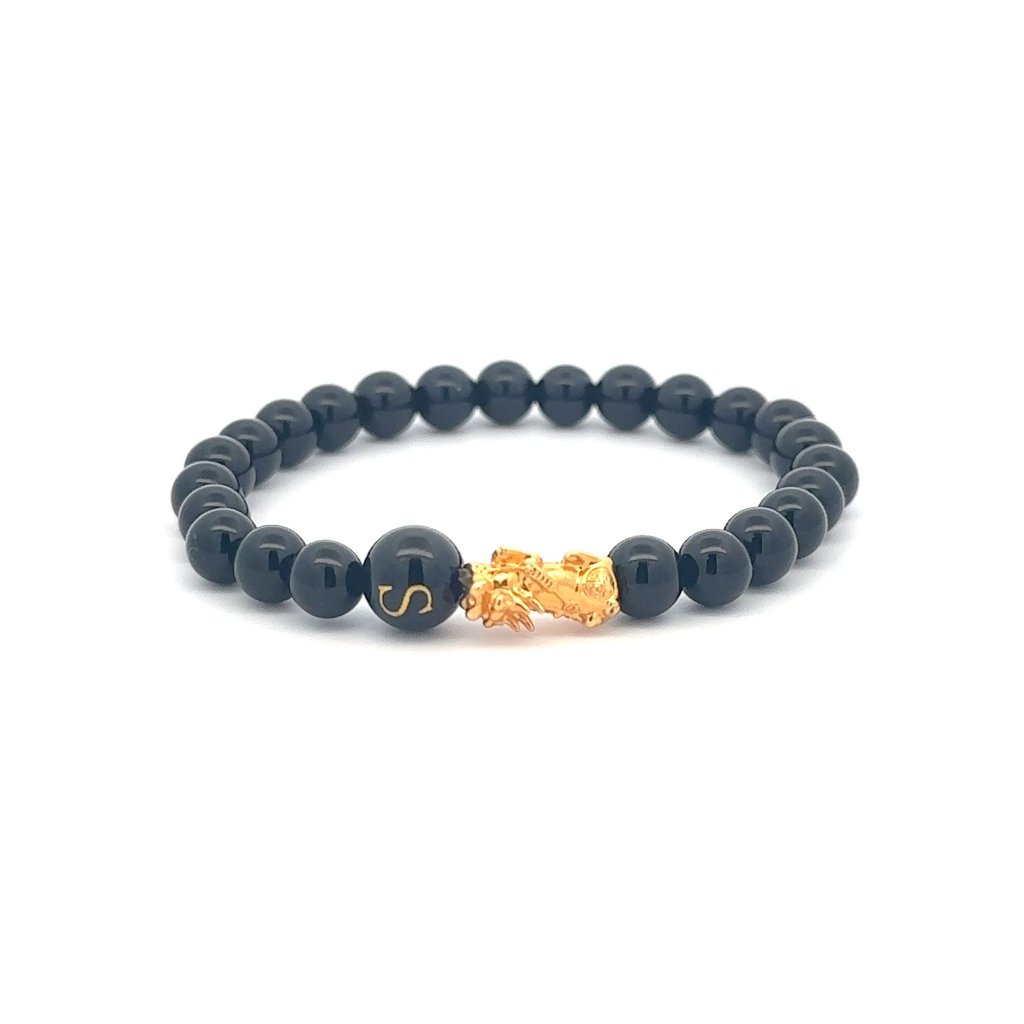 18k Gold Pixiu Piyao Bracelet Gemstones Onyx 6mm Elastic Bracelet Letter S